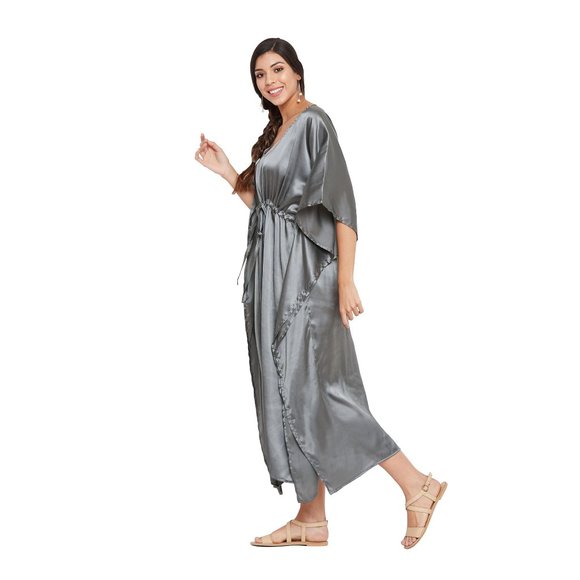 Womens Gray Night Dress with Sleeve Comfortable Silky Soft Kaftan Ladies Nighty - Picture 3 of 7